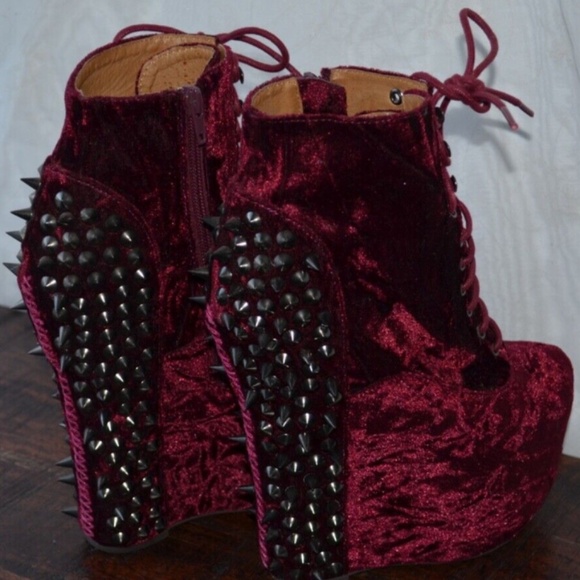 Jeffrey Campbell Spike Damsel Wine Velvet Booties Wedge 7.5 - Picture 5 of 10